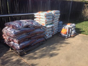 Bagged red mulch, leaf compost, manure compost.