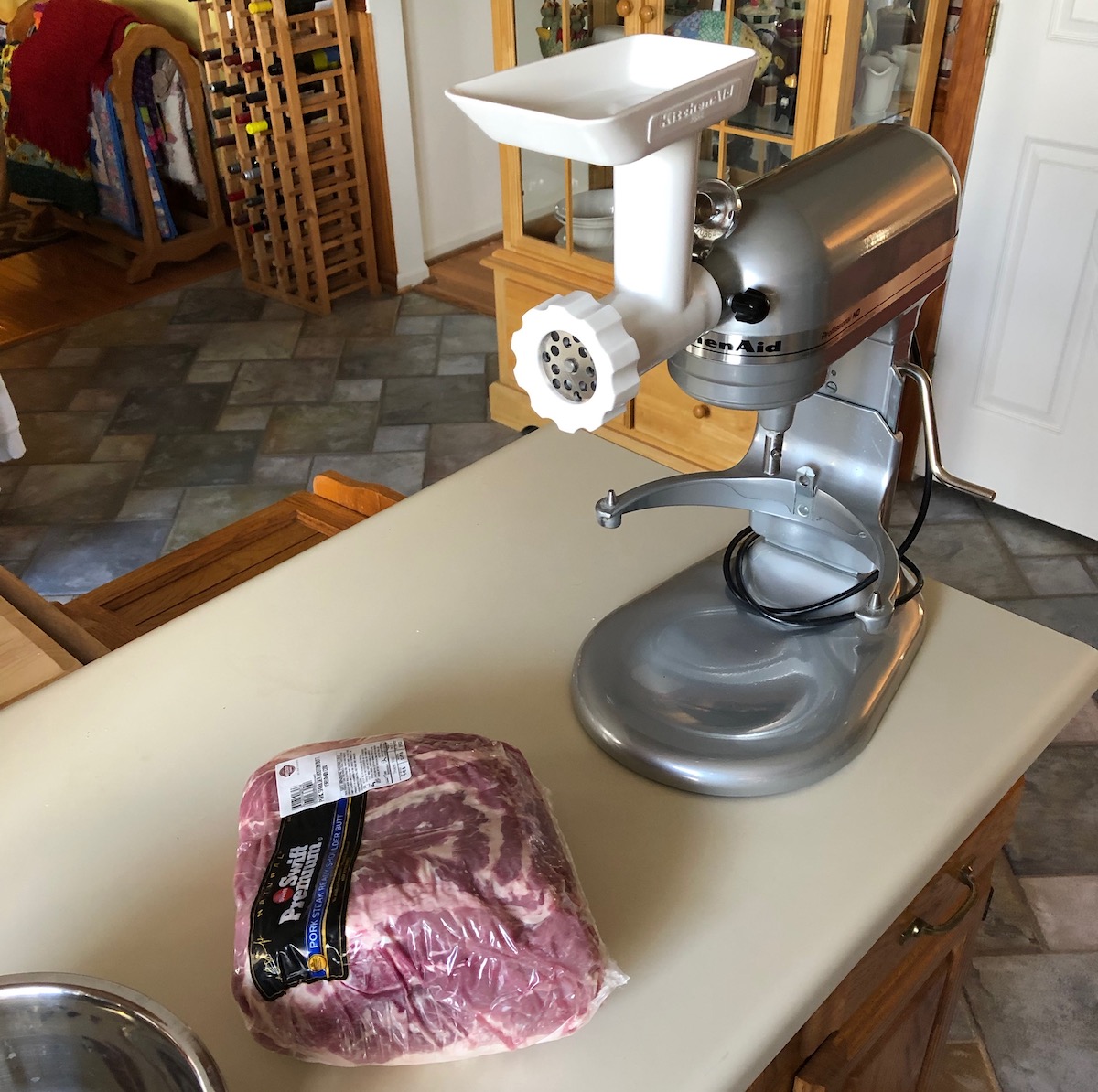 Prep for grinding pork shoulder at home, using the meat grinder accessory for the Kitchen Aid