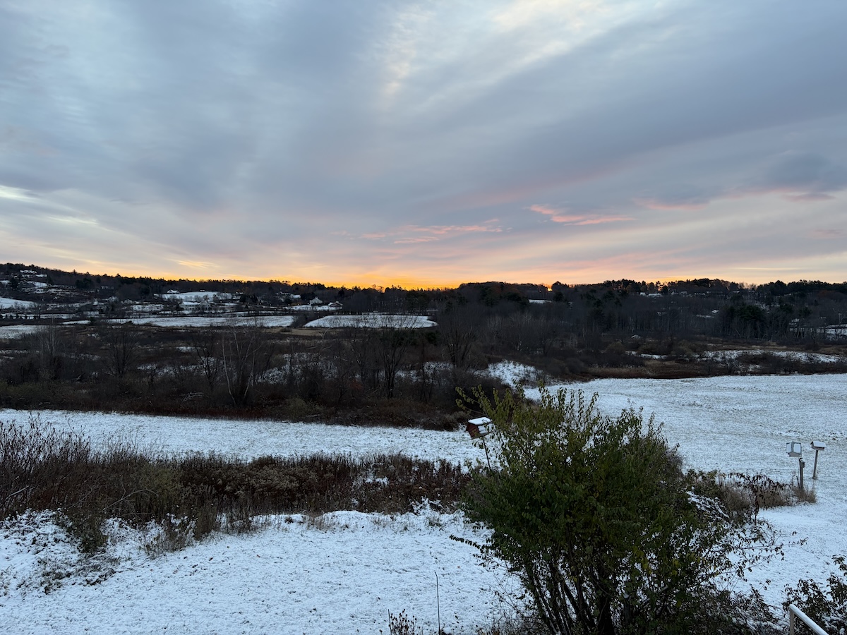 A light coating of snow on the fields to the east of the house.