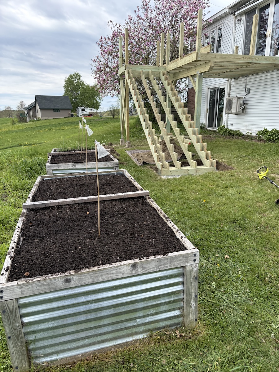 two raised garden beds in foreground, no plants yet, with framing stage of a new deck in the background