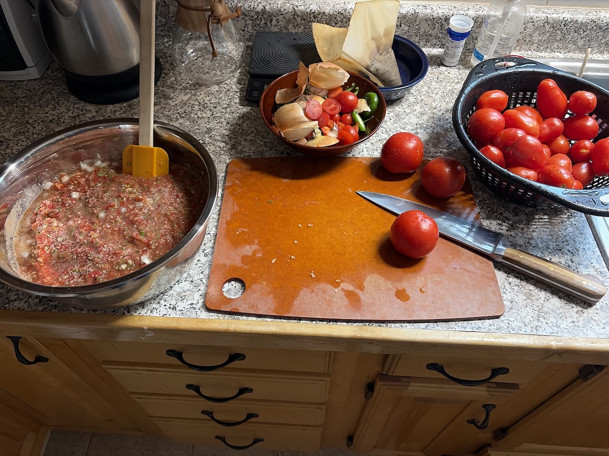 Salsa in bowl on left, cutting board, tomatoes, and trimmings fill the picture.