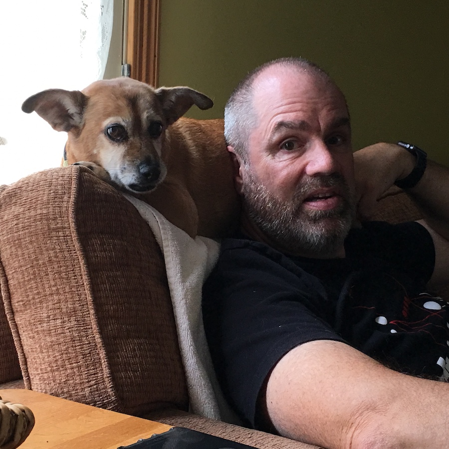 Lexi acting as a head rest - the dog is laid out across the top of the sofa cushion behind me.