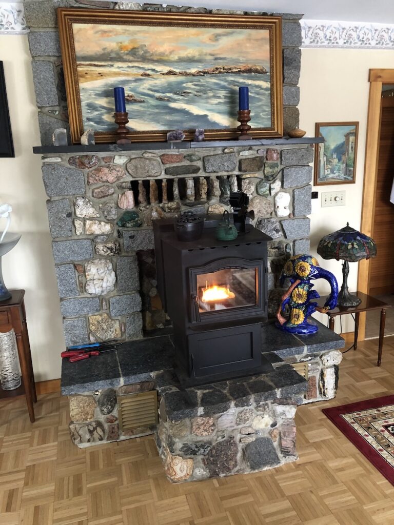 Our fully operational pellet stove, here in Maine.